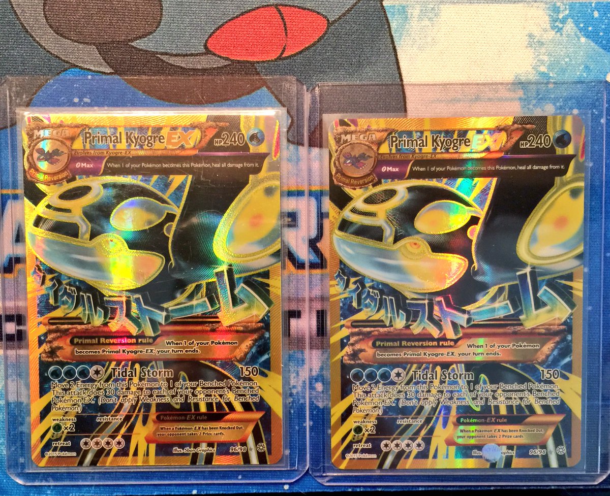 AbsentAsh's tweet photo. Pulled these out while putting away Kyogre from last night. AO Primal Gold Cards are so sick!! AO stands as best XY expansion. #XYcollection https://t.co/a5hfEeAhkG