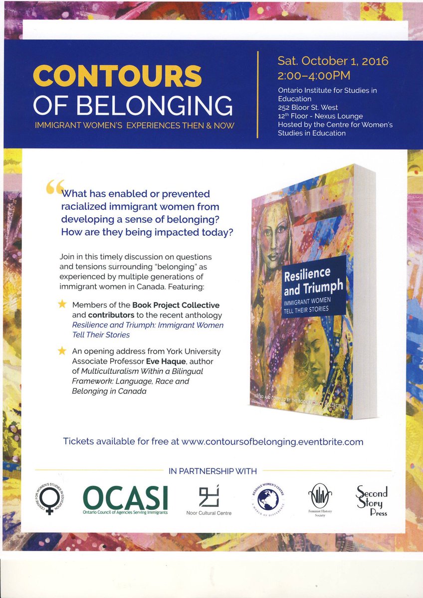 CWSEoise's tweet photo. @_secondstory Today!
Saturday, Oct. 1, 2016 "Contours of belonging: Immigrant Women's Experiences." Panel and book from Second Story Press https://t.co/qtNKP7e9aL