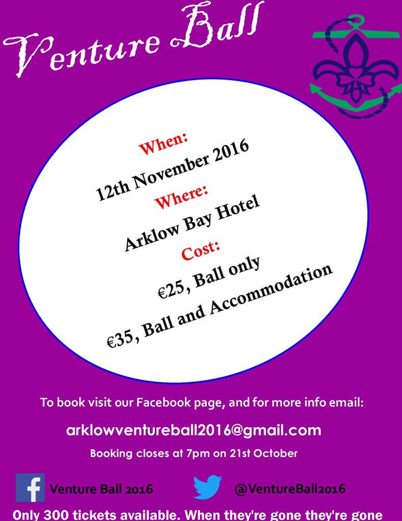 VentureBall2016's tweet photo. @1stPortSeaScout  Spread the word #VentureBall2016 hosted by Arklow Sea Ventures https://t.co/iZIO4xPDSv