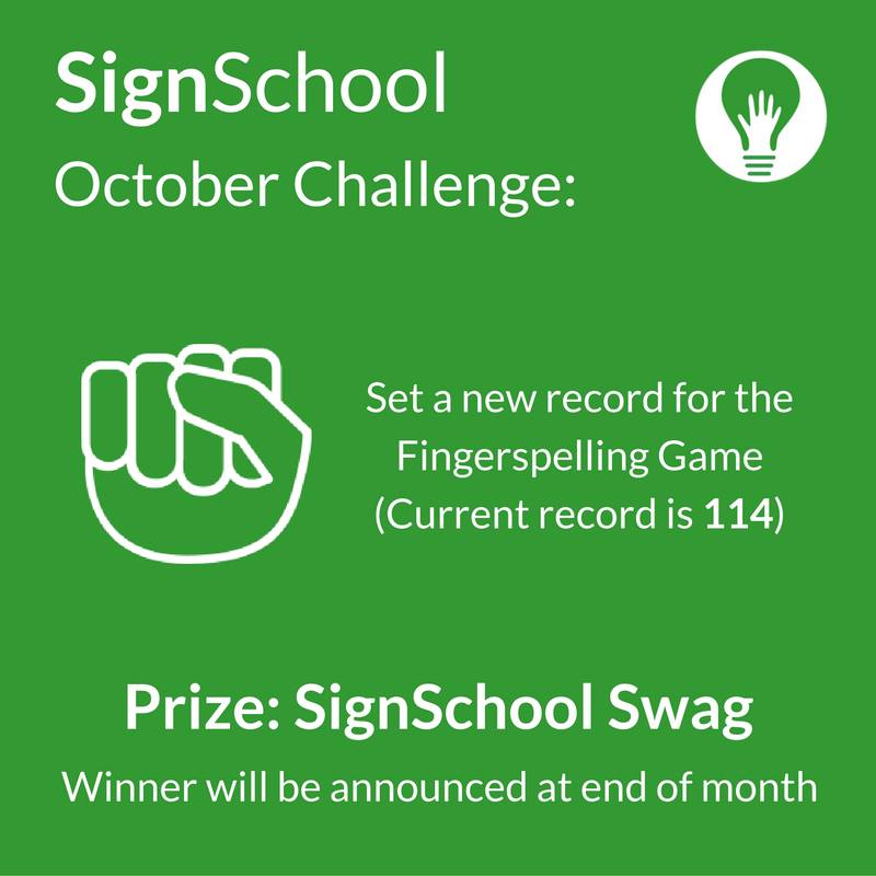 SignSchoolASL's tweet photo. Want SignSchool swag? Win the October fingerspelling challenge. Get started here: https://t.co/QN3HtOE8LE  (Highest score wins!) https://t.co/ff2Saqpjgl