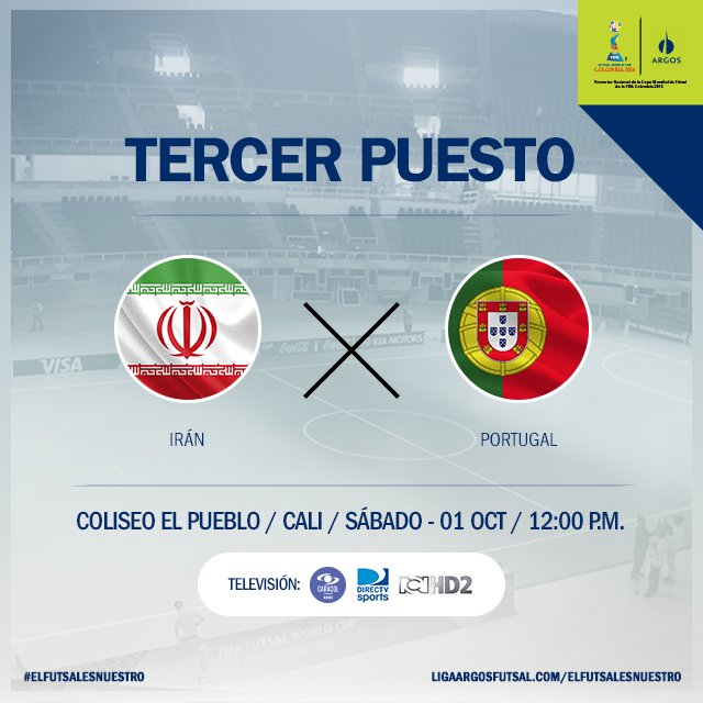 LigaArgosFutsal's tweet photo. ⚽️ @TeamMelliIran🇮🇷 vs. 🇵🇹@selecaoportugal
⏰ 12:00 p.m.
📺 @DIRECTVSports &amp; @DeportesRCN
📍 Coliseo El Pueblo
#ElFútsalEsNuestro https://t.co/FcEUpunjfB