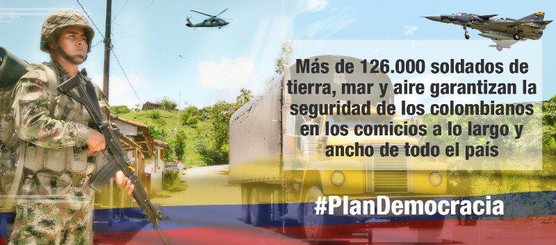 ArmadaColombia's tweet photo. Más de 126.000 soldados de tierra, mar y aire garantizan la seguridad de los colombianos y la transparencia de los comicios en todo el país. https://t.co/pXaSKMe69W
