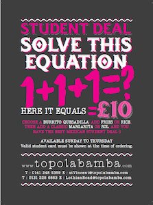 Topolabamba's tweet image. Our £10 student deal is perfect for anyone returning to uni in Glasgow! #SolveTheEquation