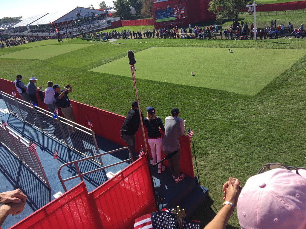 GussHanson's tweet photo. In the 2nd row of the #1 tee stands at #RyderCup https://t.co/vH7ePwt3Nj