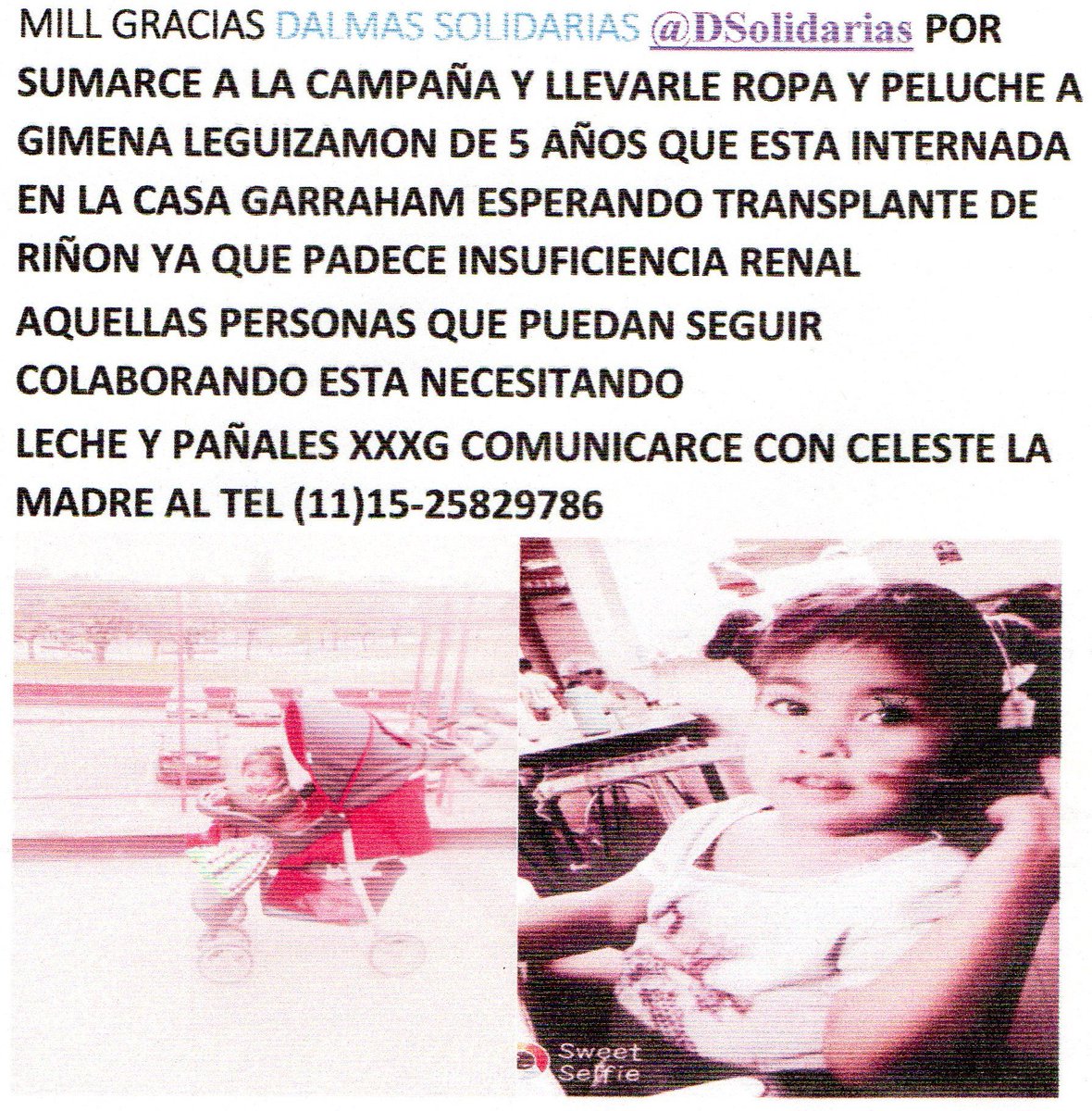 AGRADECIMIENTO Y PEDIDO PARA GIMENA DE 5 AÑOS <a href="/SolidarioRt/">Solidarios 🇦🇷</a> <a href="/dandovida2015/">Dando Vida</a> <a href="/fatimaflorez/">Fatima Florez</a> <a href="/TotaSantillan/">.</a> <a href="/tetomedinaok/">Teto Medina.</a> <a href="/C5N/">C5N</a> <a href="/HernanPiquin/">Hernan Javier Piquin</a>