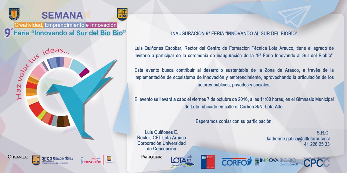 AGICC_'s tweet photo. Invitación Inauguración a "IX Feria Innovando al Sur del Bío-Bío". https://t.co/tOMYABRAZK