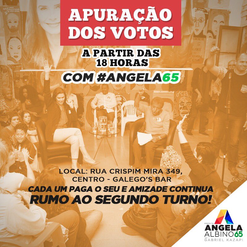 angela_albino's tweet photo. AMANHÃ ÀS 18H TEM APURAÇÃO DOS VOTOS
E nós te convidamos para que venha nessa corrente pra frente ao lado de #Angela65 😀
#RumoAo2ºTurno https://t.co/1YoQNrKSqo