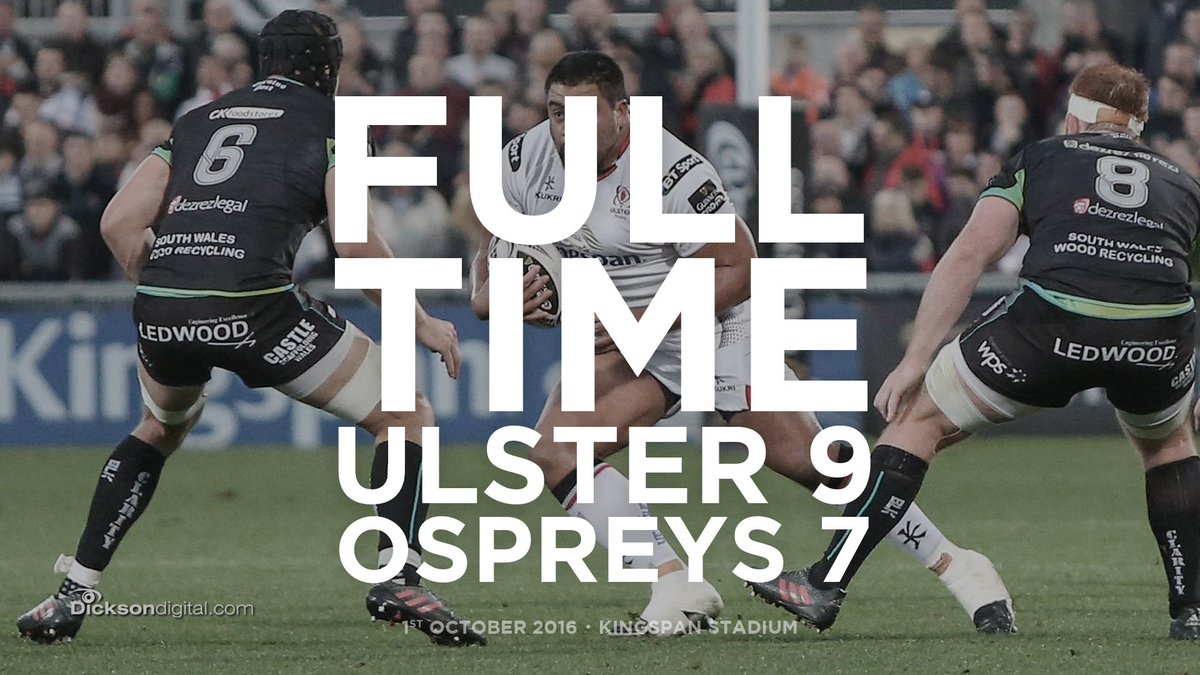 UlsterRugby's tweet photo. FULL TIME ULSTER 9 - OSPREYS 7 #SUFTUMLive #ULSvOSP https://t.co/cfudwbiEqT