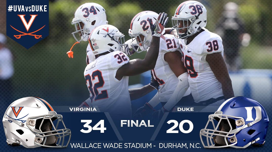 UVAFootball's tweet photo. IT IS OVER! UVA wins its @theACCfootball opener at Duke, 34-20. UVA heads into the BYE week with a 2-3, 1-0 ACC record. #UVAvsDUKE https://t.co/flitnuFIxl