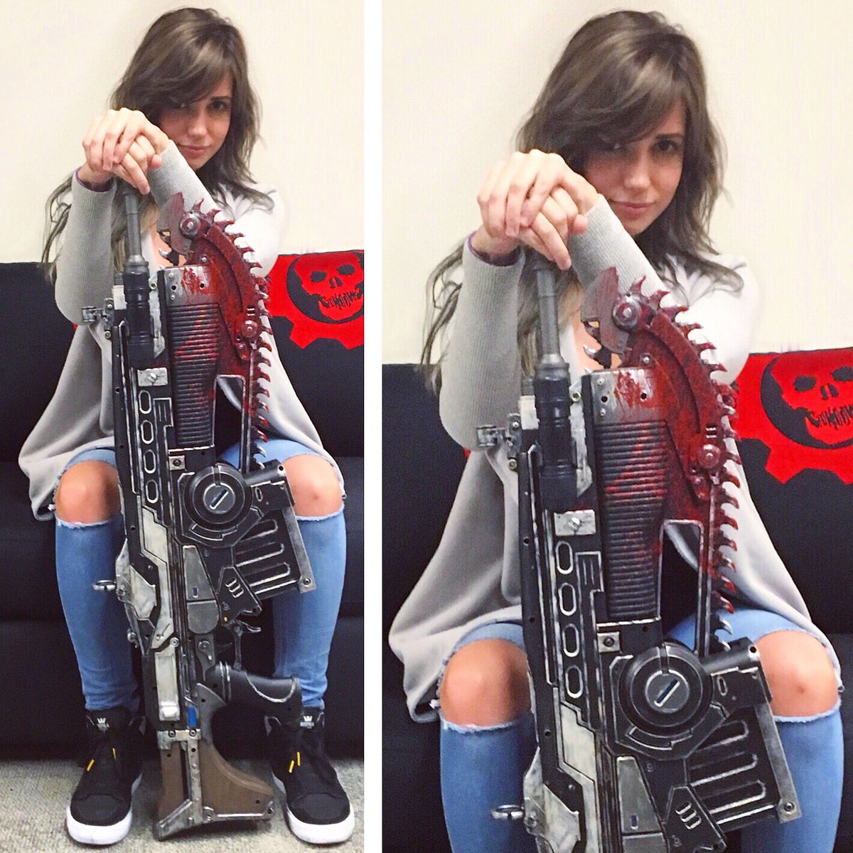 Charalanahzard's tweet photo. Got a Gears of War lancer to go with our Gears of War couch. GEARS HYPE. https://t.co/K0z4fhCYPY