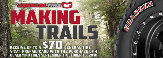 ptltireandauto's tweet photo. Stop in for a set of #GeneralTires and receive up to a $70 prepaid card! Offer valid until 10/15/2016. #MakingTrails #PTLTireandAuto https://t.co/IrC5TfaJqB
