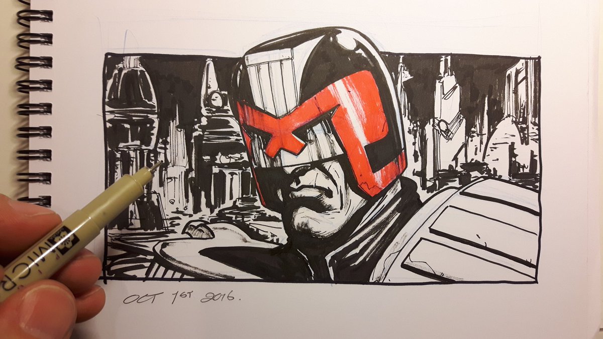 PaddyGod1's tweet photo. #inktober off and running! Dredd to start off, celebrating 2000 progs and counting! #prog2000 @2000AD https://t.co/qFDyEyDsQh