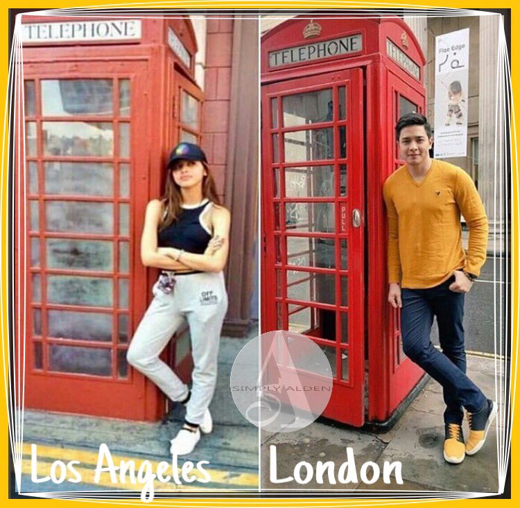 SimplyALDENofcl's tweet photo. Déjà vu? Same red phone booths, same pose but different locations. Nxt time mgkasama na kyo @aldenrichards02 @mainedcm in the same location😉 https://t.co/IPpYopPREd