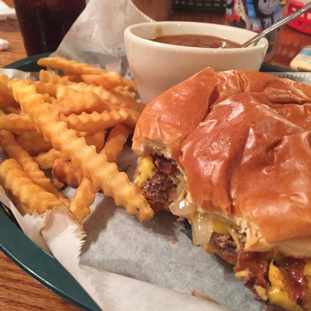 Third meal of the day: Bacon cheeseburger, fries, and baked beans at Mazos Hamburgers. #Milwaukee #tourdecuisine