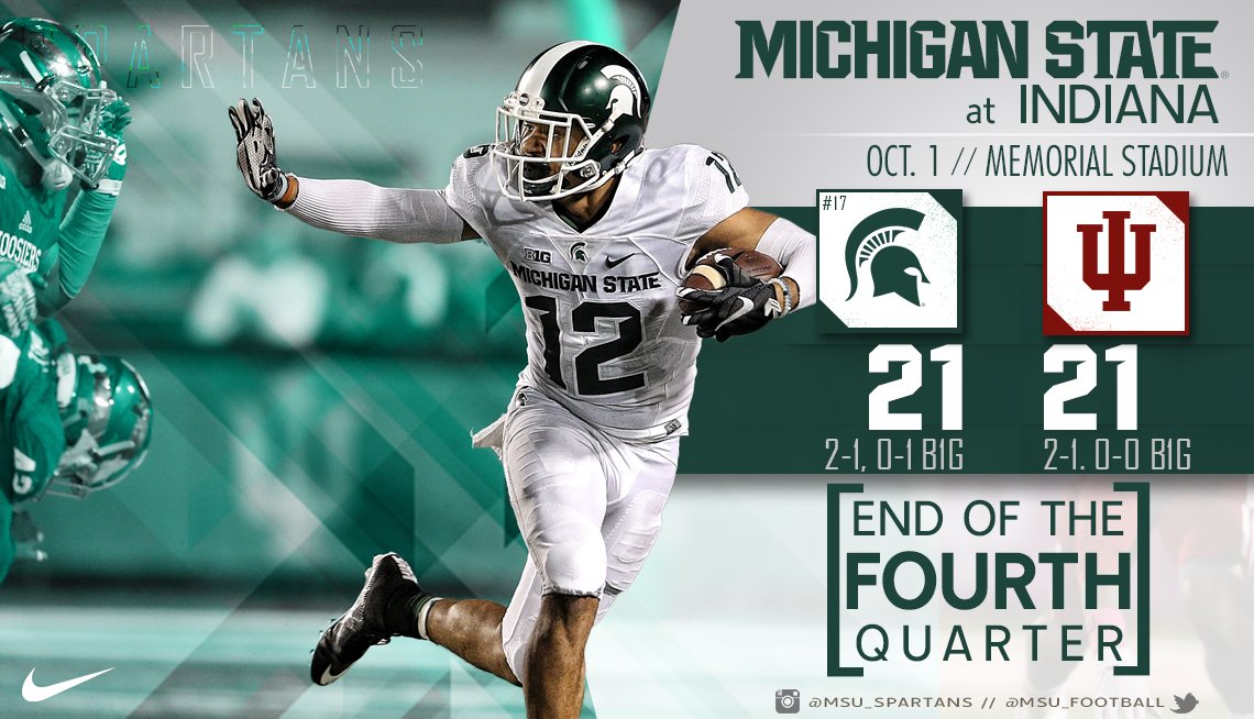 MSU_Football's tweet photo. We are heading to overtime for the first time this season. Spartans and Hoosiers are knotted at 21-21. #MSUIU #BeatIU https://t.co/vwkePomzQF