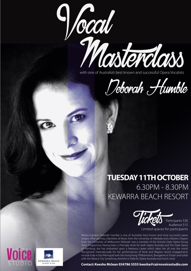 DeborahHumble's tweet photo. #Cairns #voicemasterclass #classicalsinging Looking forward to this event up north https://t.co/rlfPv5WSk3