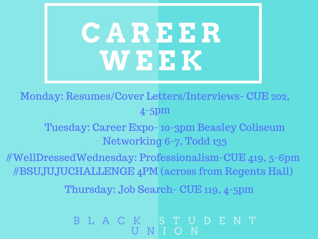 wsuBSU's tweet photo. Join us in this journey to black excellence!
#CareerWeek https://t.co/0dAdnKFAWV