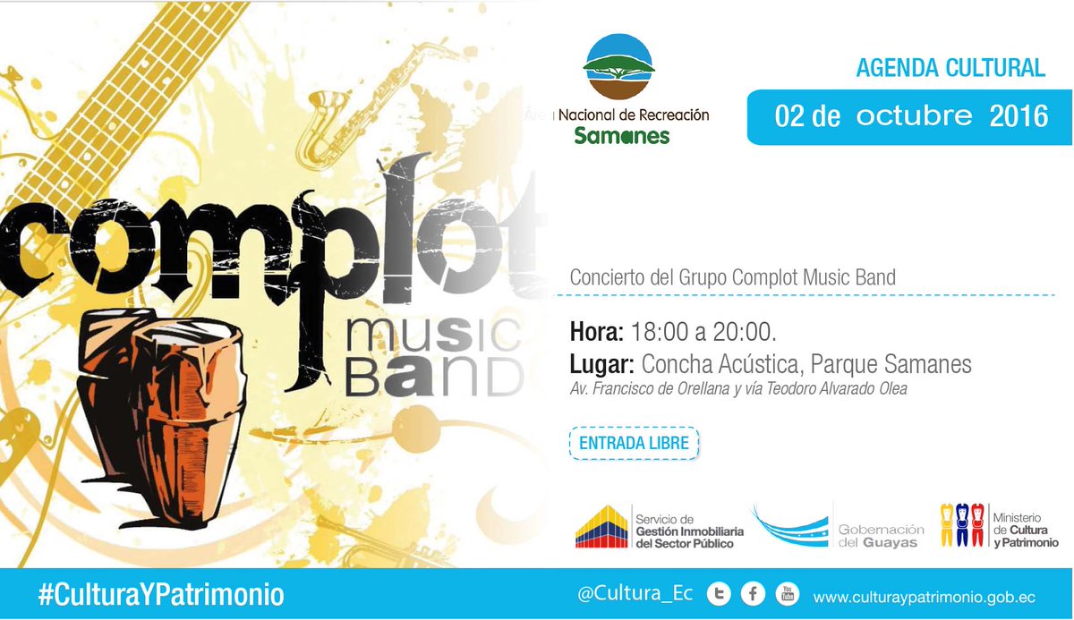 CSolanoM's tweet photo. Domingo 2de Oct Concha Acústica  SAMANES 18h00, Complot Music Band música de 70s, 80s, Tropical. ENTRADA GRATUITA. https://t.co/i1j5KkD1HX