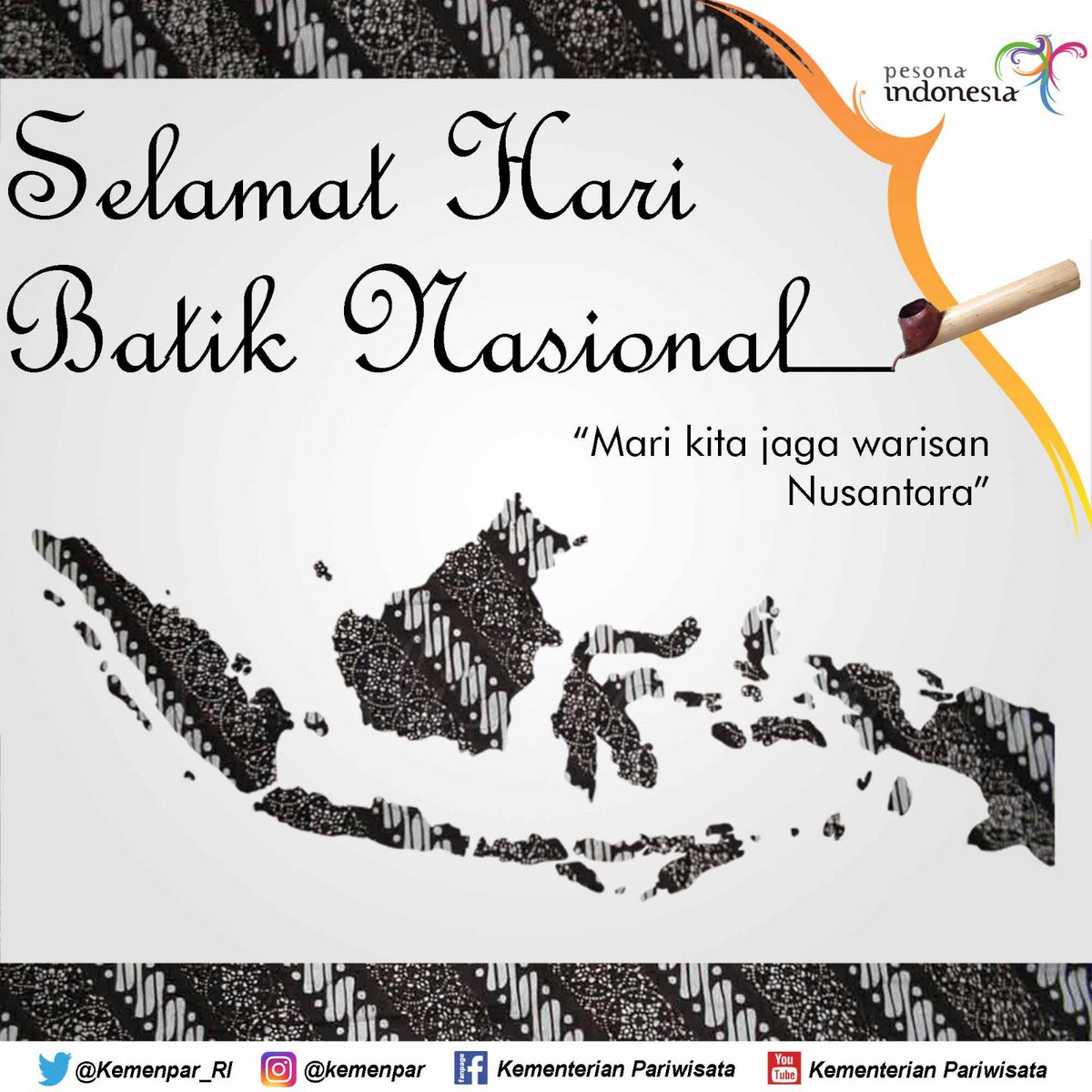 KemenPariwisata's tweet photo. Selamat Hari Batik Nasional. Mari Kita Jaga Warisan Nusantara. Salam #PesonaIndonesia https://t.co/5zSI3wAoAk