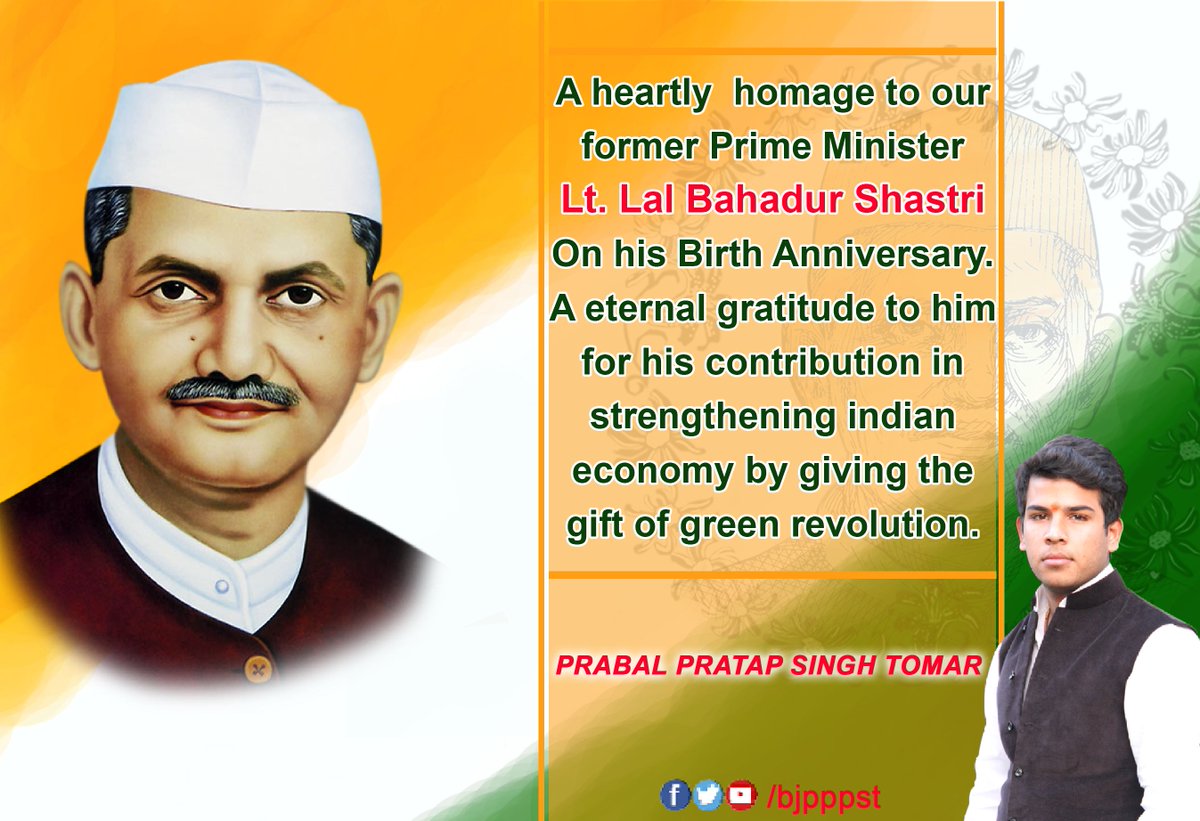 PPSTBJP's tweet photo. A heartly  homage to our former Prime Minister Lt. Lal Bahadur Shastri On his Birth Anniversary.#JaiJawanJaiKisan https://t.co/SPNyrSPZi4