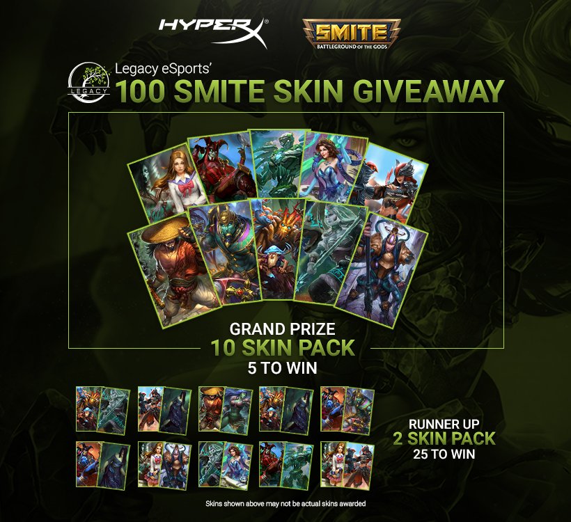 LegacyOCE's tweet photo. SO. MANY. SMITE. SKINS. Go to @_Shred_ , @Smite_Weave , @SouthK247 , @OnlyGoodAtSolo , @AgonyOCE twitter accounts to find out how to win! https://t.co/yWolAcQU7q