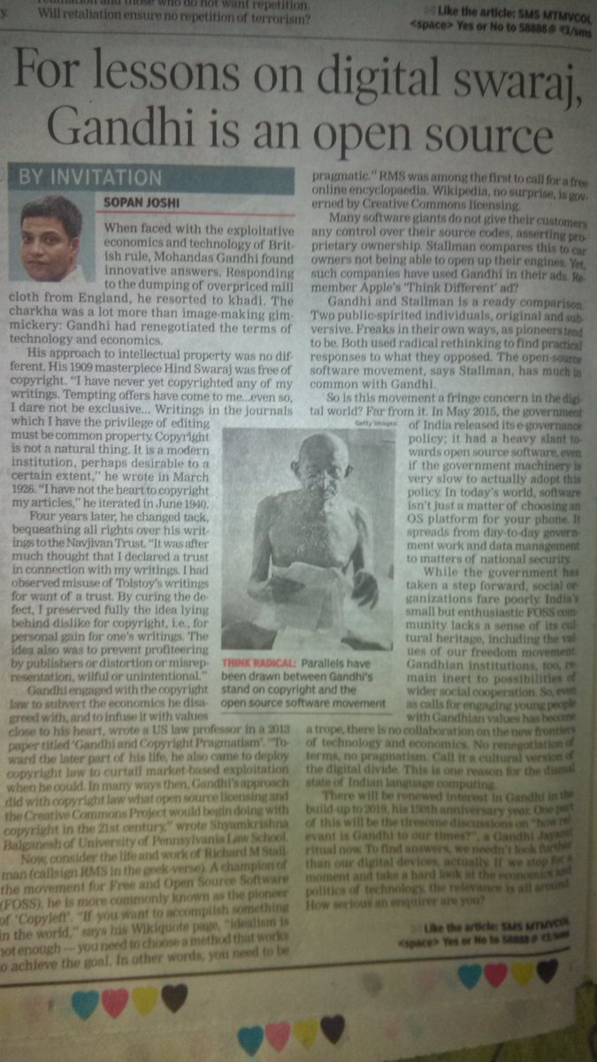 rajudev_'s tweet photo. Sopan Joshi's article in todays TOI “For lessons on digital #Swaraj, #Gandhi is an #openSource ”.  at #fuelgilt   @fuelproject https://t.co/FnnsHk8AZA