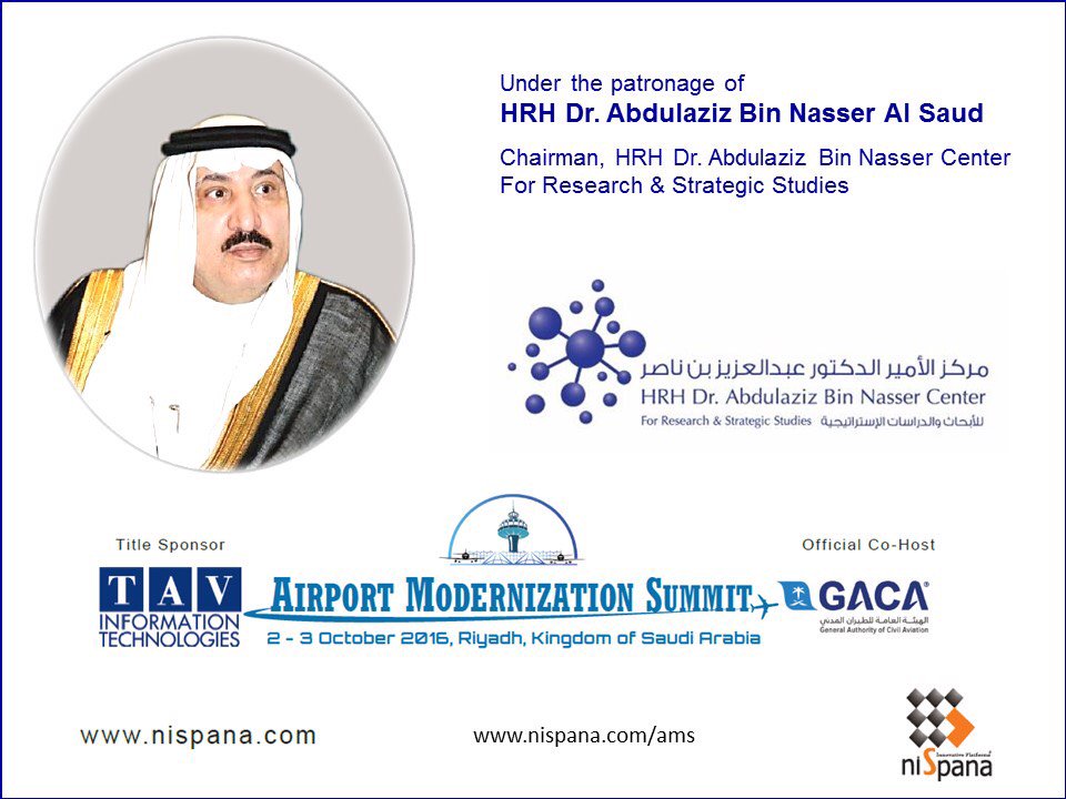 SmarterAirports's tweet photo. High Royal Highness Abdulaziz Bin Nasser Al Saud supports the development of smarter airports in Saudi Arabia @ksagaca #AMS2016 https://t.co/XXto3bBgNH