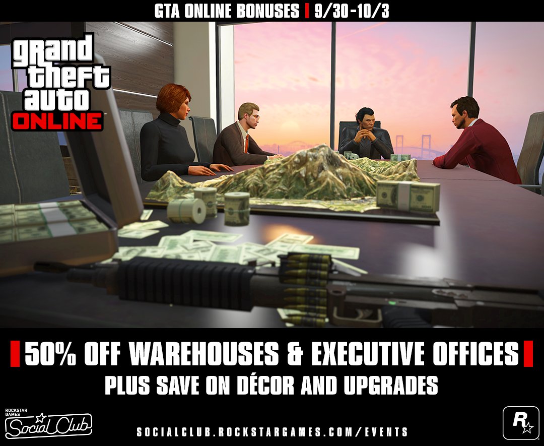 RockstarGames's tweet photo. 50% off Offices &amp; Warehouses in #GTAOnline thru tmrw
Plus save on décor and upgrades
Details at https://t.co/D8spaAjmJW https://t.co/1K5jUlL7kf