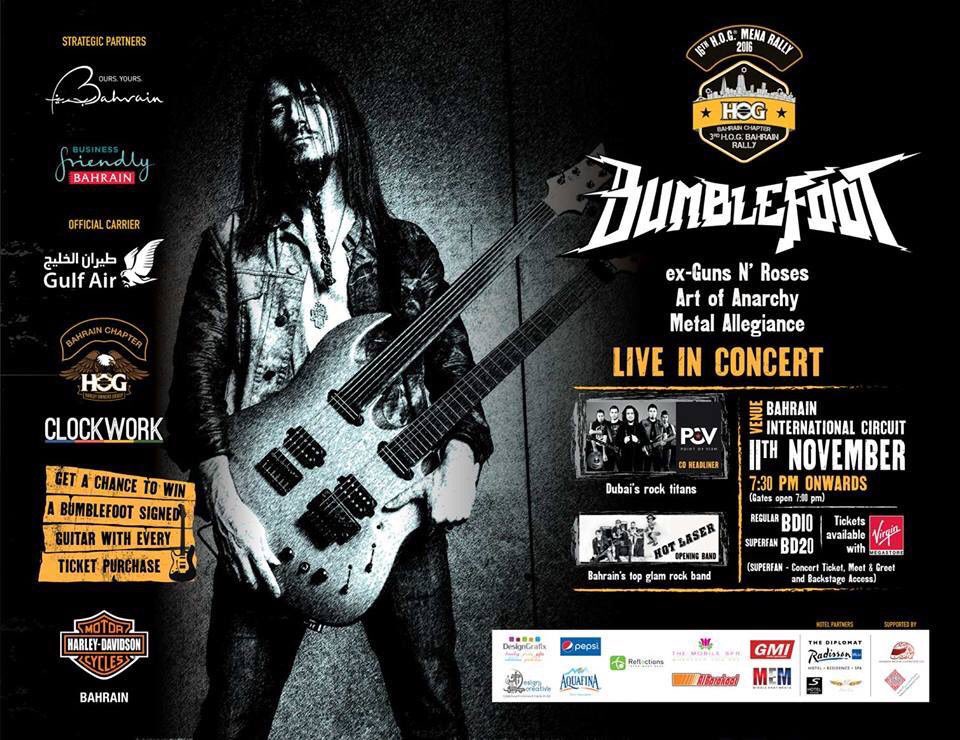 clockworkbh's tweet photo. Buy your tickets at @VirginMENA online to see @bumblefoot live in #Bahrain on Nov 11! #clockworkbh #hogbahrainrally https://t.co/tUbZ4fasGk https://t.co/5RHZL8fDWY