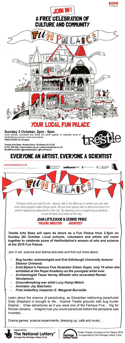 Can't wait to open the doors to our Fun <a href="/FunPalaces/">Fun Palaces</a> featuring fab art and science activities- and all FREE! <a href="/trestletheatre/">Trestle Theatre</a> today 2-5pm