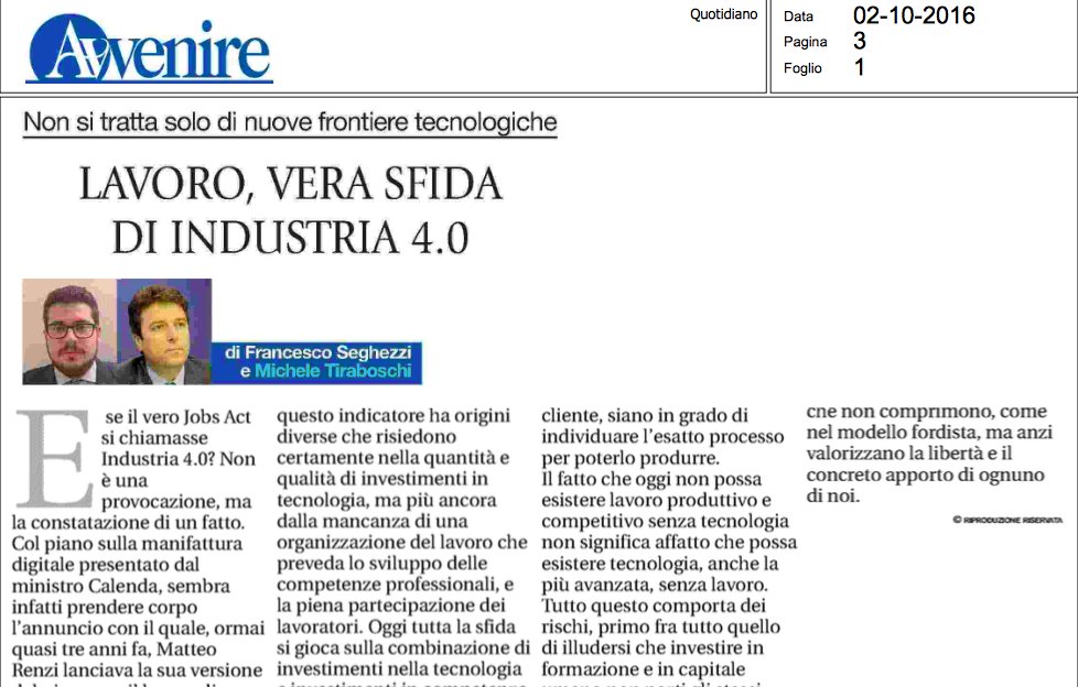 E se il vero #JobsAct fosse il piano <a href="/CarloCalenda/">Carlo Calenda</a> per #Industria40? Oggi con <a href="/francescoseghez/">Francesco Seghezzi</a> su <a href="/Avvenire_NEI/">𝐀𝐯𝐯𝐞𝐧𝐢𝐫𝐞</a>