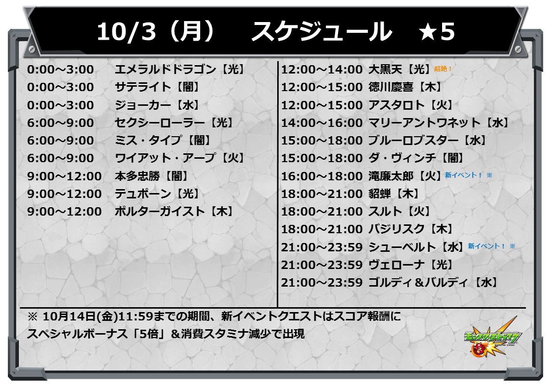 モンスターストライク公式 モンスト イベントスケジュール 10 3 月 は 以下の 5クエスト 降臨 超絶 が出現 モンスト T Co Kzavsvzwam Twitter モンスターストライク公式 モンスト イベントスケジュール 10 3 月 は 以下の 5クエスト 降臨 超絶 が出現 モンスト T Co Kzavsvzwam Twitter