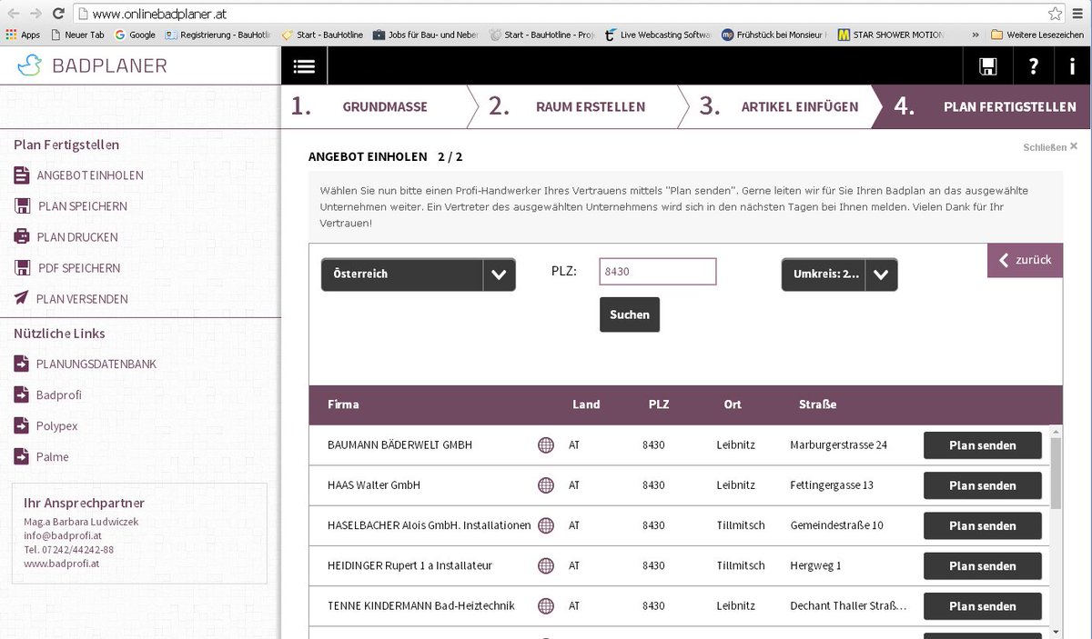 Online Badplaner: 2.) onlinebadplaner.at  sollte erwähnen Sie können Ihren Plan ausdrucken und Angebote von Installateuren einholen :)