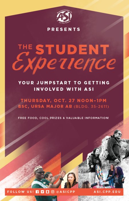 ASICPP's tweet photo. ASI Presents: The Student Experience on Oct. 27 at noon at the BSC, Ursa Major AB (Bldg. 35-2611). https://t.co/9pMwItsIAI