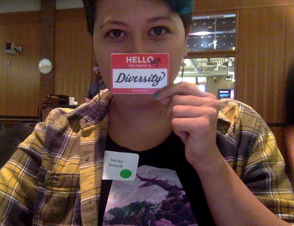 spine_cone's tweet image. come see @lunaraven13 for a &quot;hello my name is not diversity&quot; sticker, highly recommended #PyDX