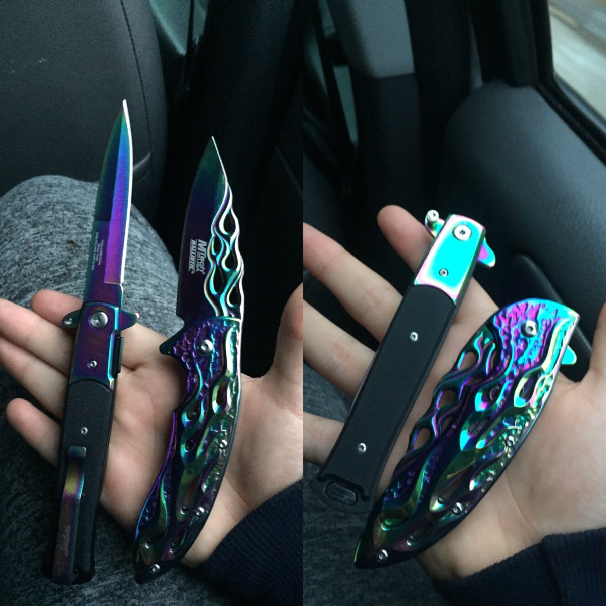 AskingMaya's tweet photo. Babe and I got new knives yesterday ๐ #knives #blades #rainbowfade #beauty #dangerous #dangerousbeauty https://t.co/8L2LbEK8yc