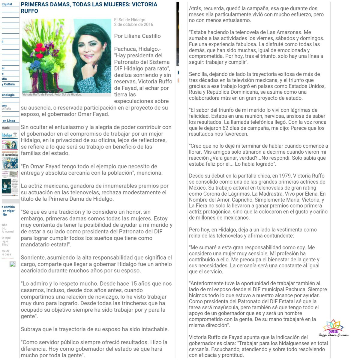 RuffoEcuador's tweet photo. Nota #ElSolDeHidalgo @victoriaruffo31 #PrimeraDamaGidalgo #PresidentaDIFHidalgo https://t.co/iPg6QcbsiI
