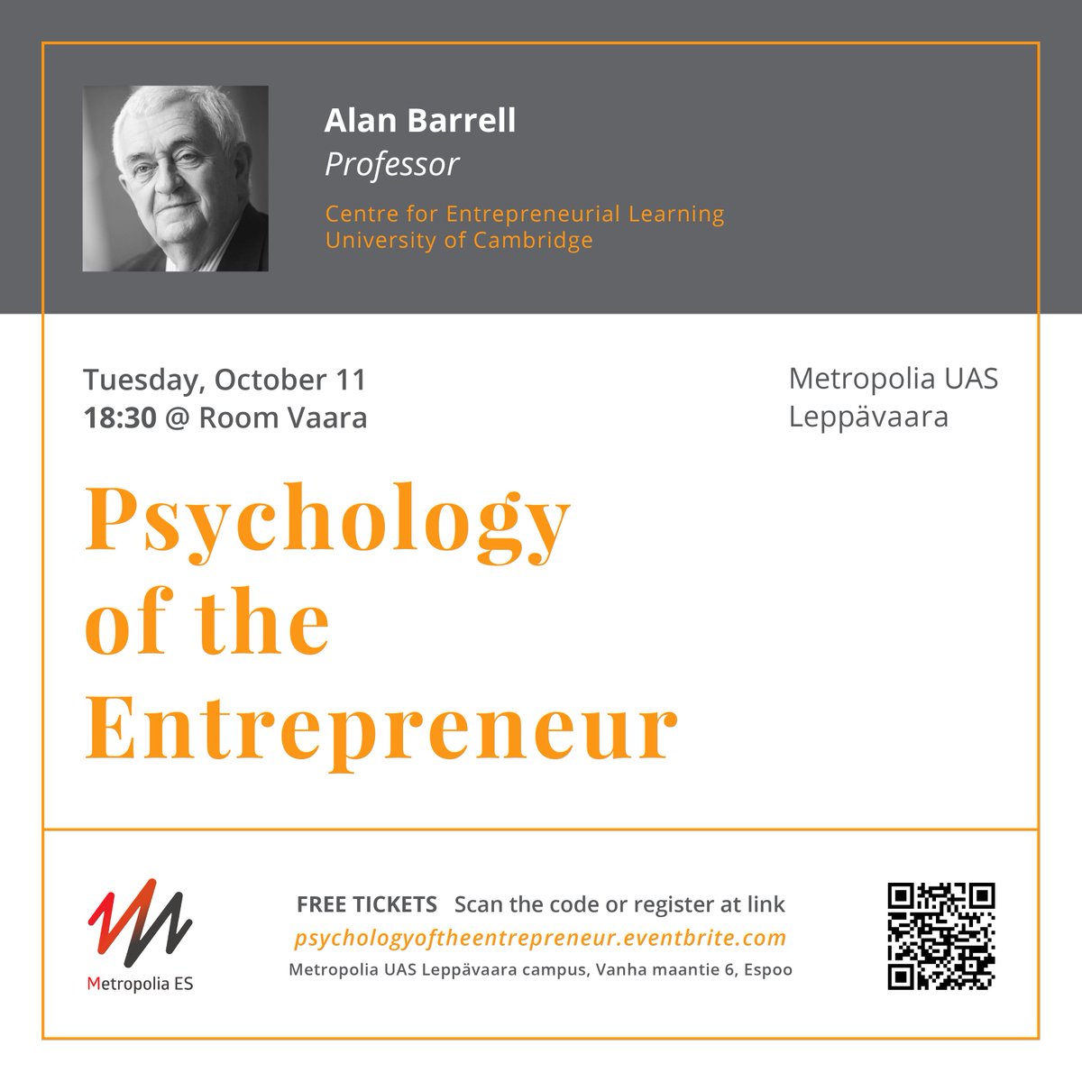 MetropoliaES's tweet photo. With over 100 tickets sold we still have a few left for YOU! 
DO NOT MISS @alanbarrell preaching about psychology of the entrepreneur! https://t.co/yW6idFw4Qh