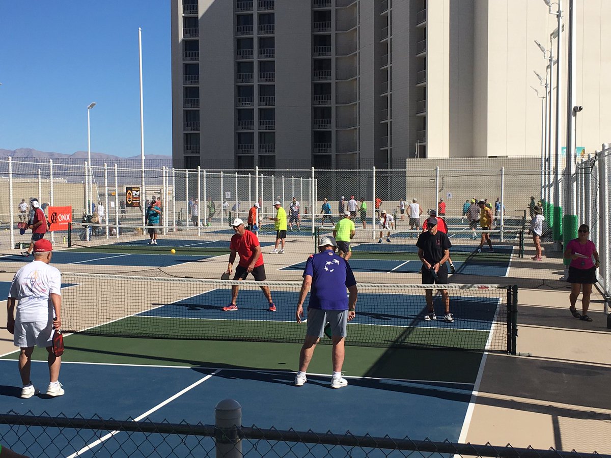 JonathanJossel's tweet photo. They said it was crazy. Look at it now 400 pickleball players. #vegas #plazapool #dtv #pickleball. Perfect day in downtown Vegas. https://t.co/DfGGetbrMS