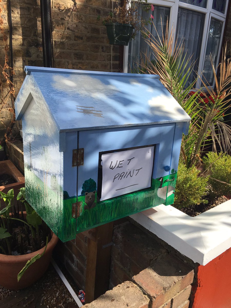 beardy_vegan's tweet photo. Just given the Springfield Road little free library a coat of varnish. Already had one visitor ignore the sign #stickyfingers https://t.co/2RpeWte3jj