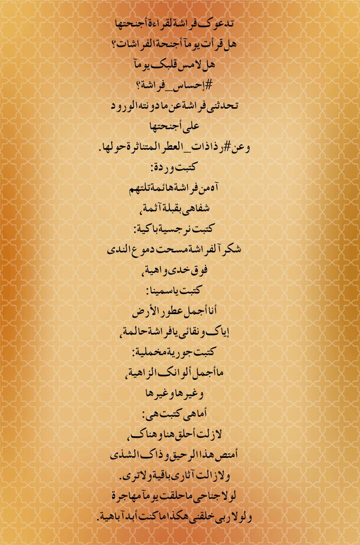 تدعوك فراشة لقراءة أجنحتها
هل قرأت يومآ أجنحة الفراشات؟
هل ﻻمس قلبك يومآ
#إحساس_فراشة ؟
تحدثنى فراشة...
#بساط_الريح