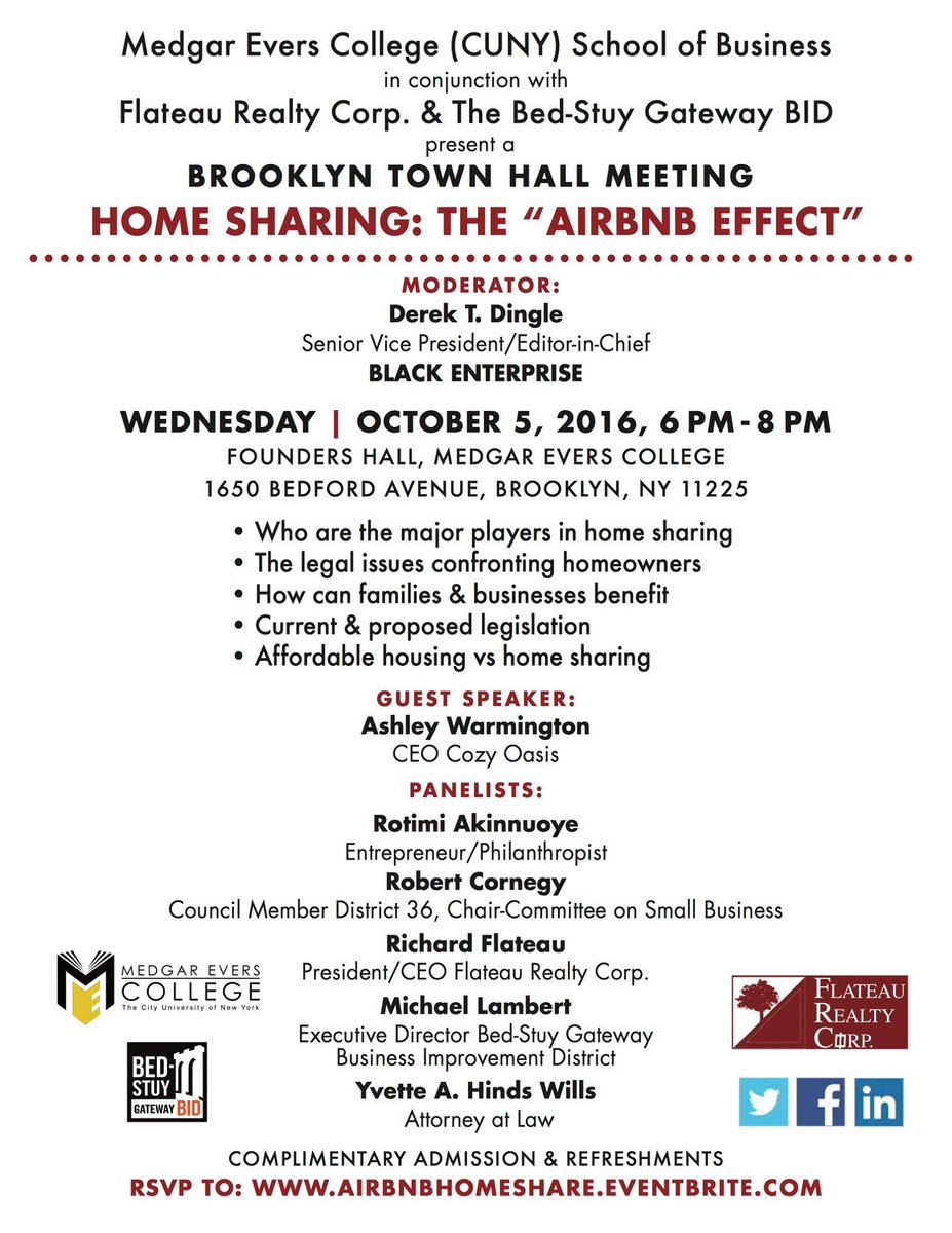 FlateauRealty's tweet photo. Don't miss Ashley Warmington of @CozyNyc discussing "Conscious Capitalism during the Airbnb Effect," at our #Brooklyn Town Hall! https://t.co/afBlEoeFCI