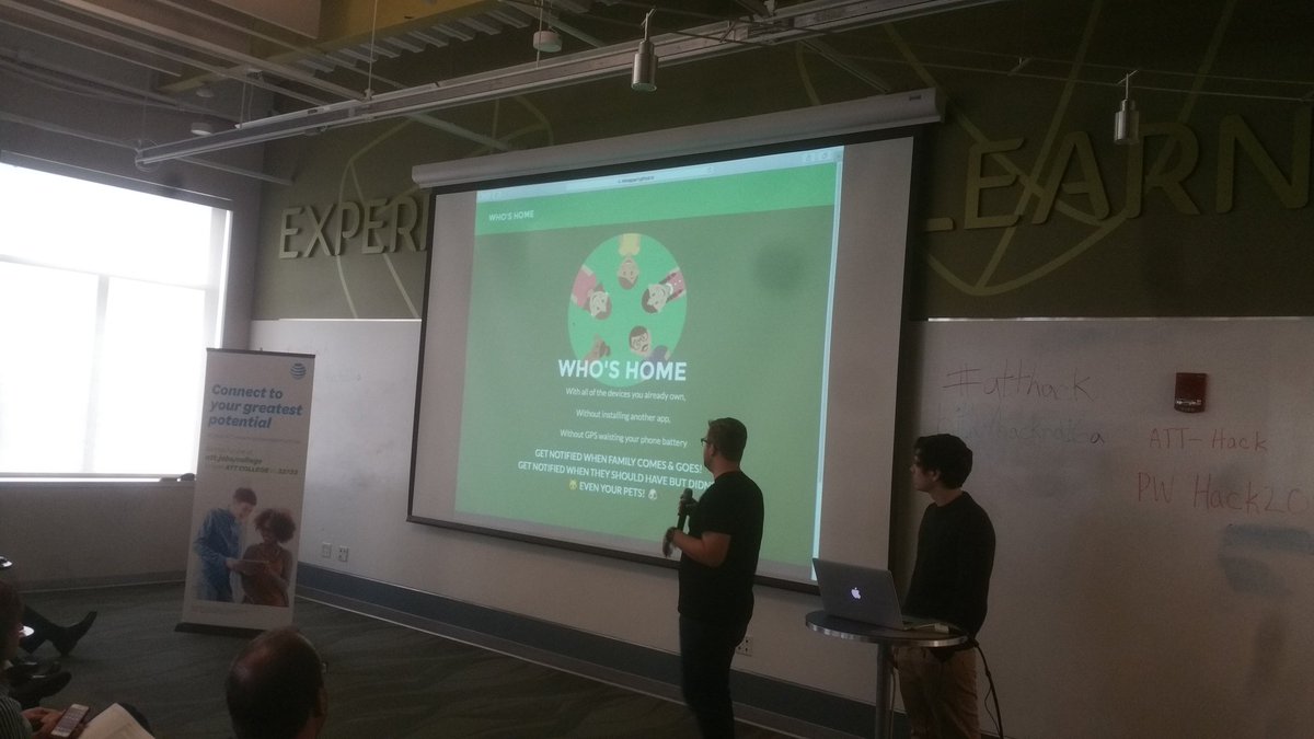 Benelson83's tweet image. Team Who's Home pitching their IOT solution at #atthack ND #attemp