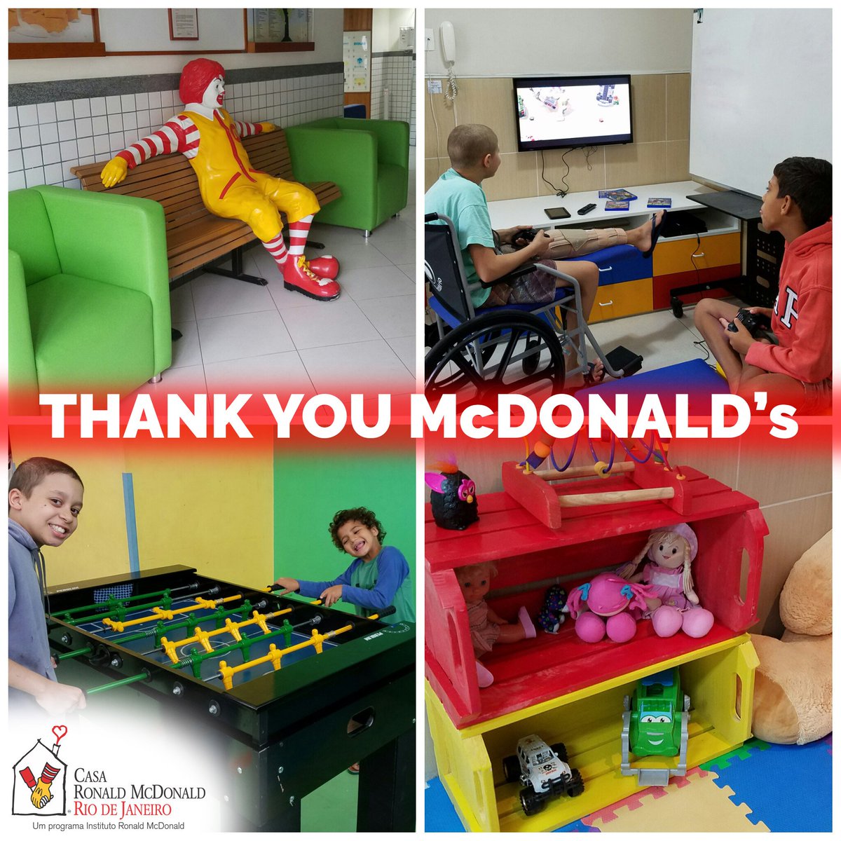 CasaRonaldRJ's tweet photo. Thank You for the donation @McDonaldsCorp - colorful furniture, foosball table, videogames and more! Our kids loved it!
#FriendsWin #RMHC https://t.co/HBQPOk7ENN