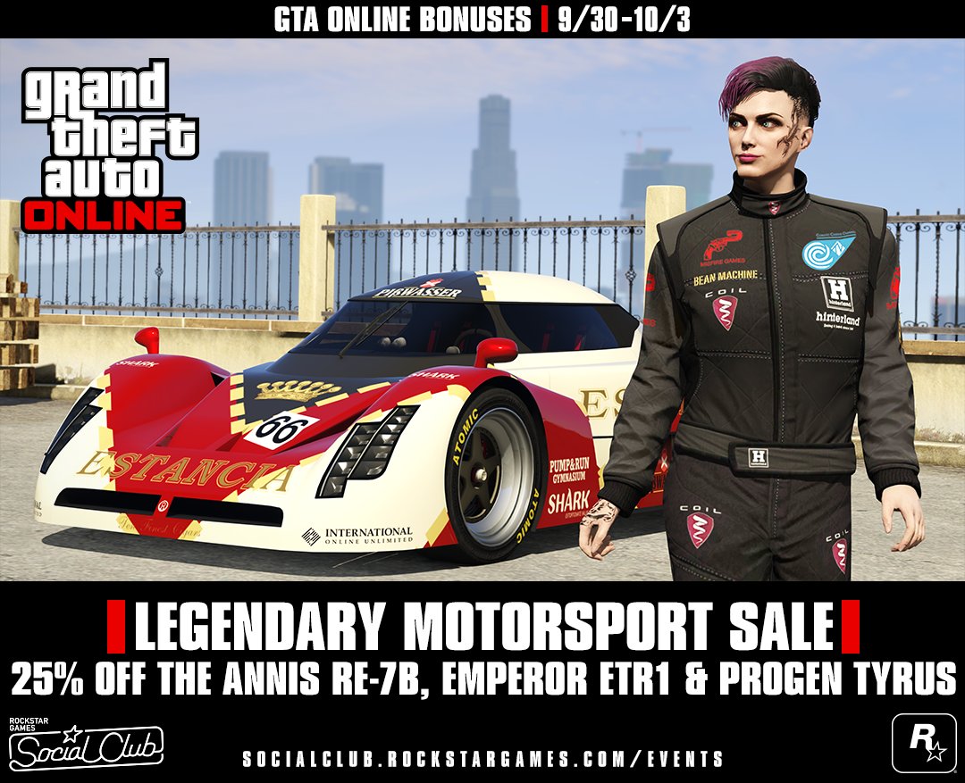 RockstarGames's tweet photo. Cunning Stunts Super cars sale through tomorrow only
25% off the Progen Tyrus, Emperor ETR1 &amp; Annis RE-7B
#GTAOnline
https://t.co/D8spaAjmJW https://t.co/WtkJUaTbPY