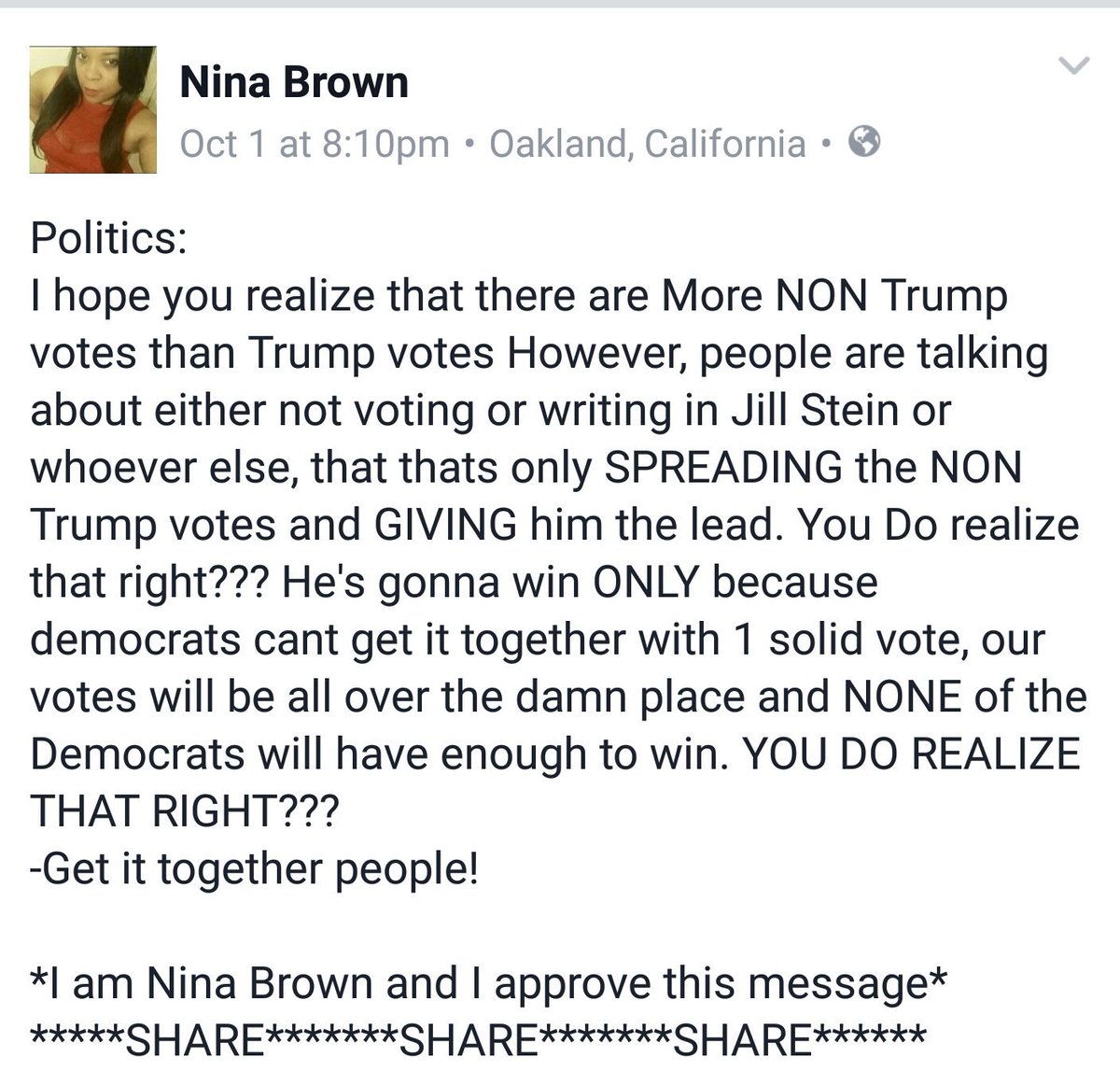 NinaBrownGetDwn's tweet photo. #Share #Retweet #spreadtheword #oneaccord #DeMo2016 #democrats #Election2016 https://t.co/HI979xAKgE