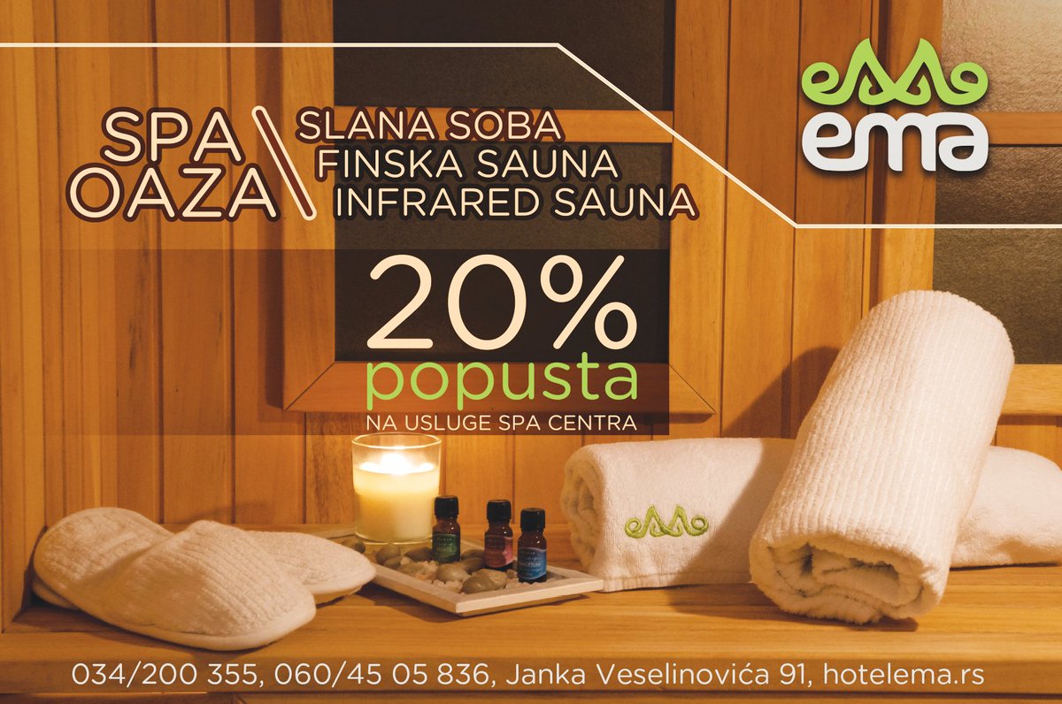 EmaHotel's tweet photo. Iskoristite popust od 20% i opustite se nakon napornog dana u sauni našeg Spa centra.
#spa #enjoy #health #beauty #hotel #hotelemakragujevac https://t.co/DUqIfNAgj5