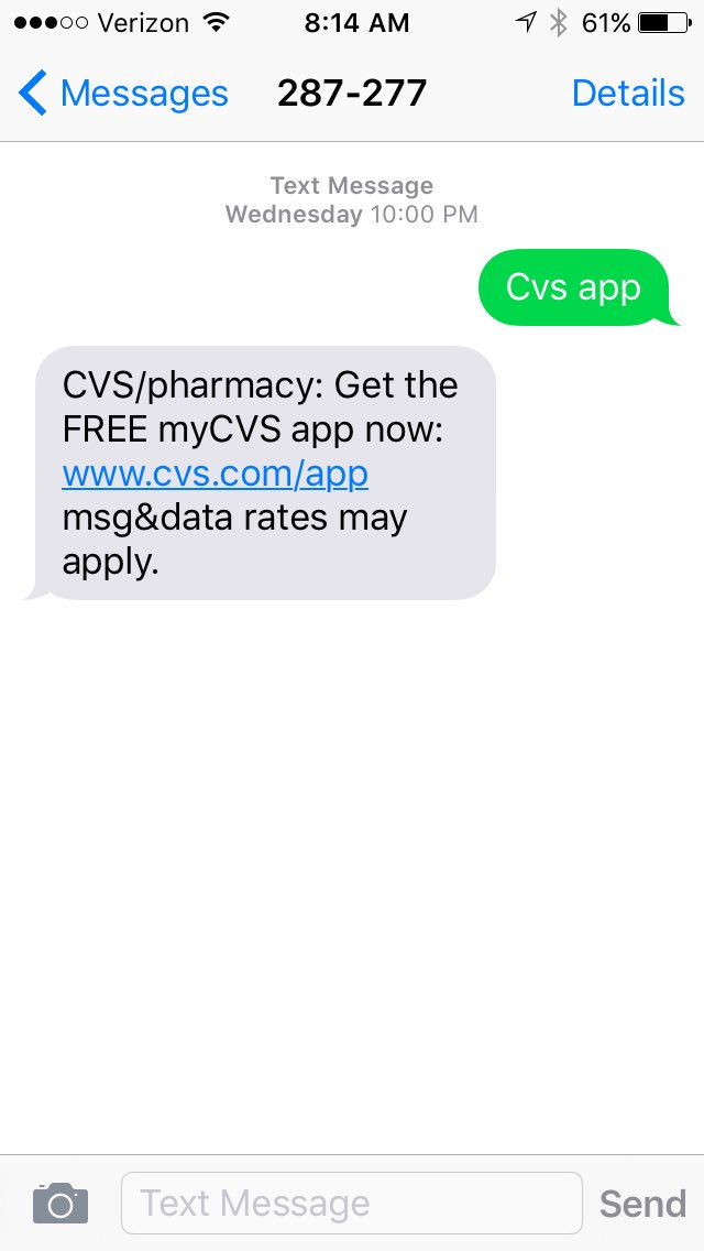 EYOBCVS's tweet photo. Text the word APP to 'CVSAPP' (287-277). Easiest way to get started with #cvsapp https://t.co/7bQZKk3T2j