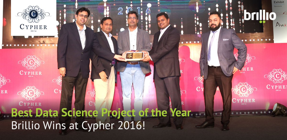 BrillioGlobal's tweet photo. It's raining #awards for us! And this time it's the 'Best #DataScience Project of the Year' at #Cypher2016!
#Analytics #BigData https://t.co/iI6S6Ez7SF