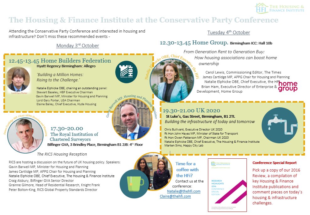 NatalieElphicke's tweet photo. #CPC16 - recommended events for #ukhousing @TheHFI - let's #BuildMoreHomesFaster https://t.co/eOWCQmY4B1 https://t.co/zfHWkfMI9W